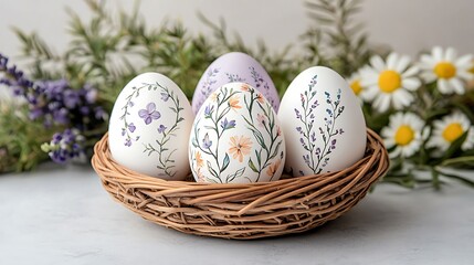 Fototapeta premium Easter day celebration pastel tone eggs in a basket spring garden display nature vibes