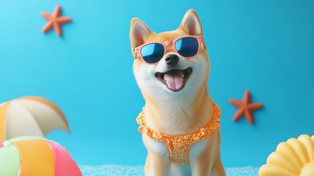 Happy dog wearing sunglasses and swim attire enjoys a sunny beach-themed setting with colorful props