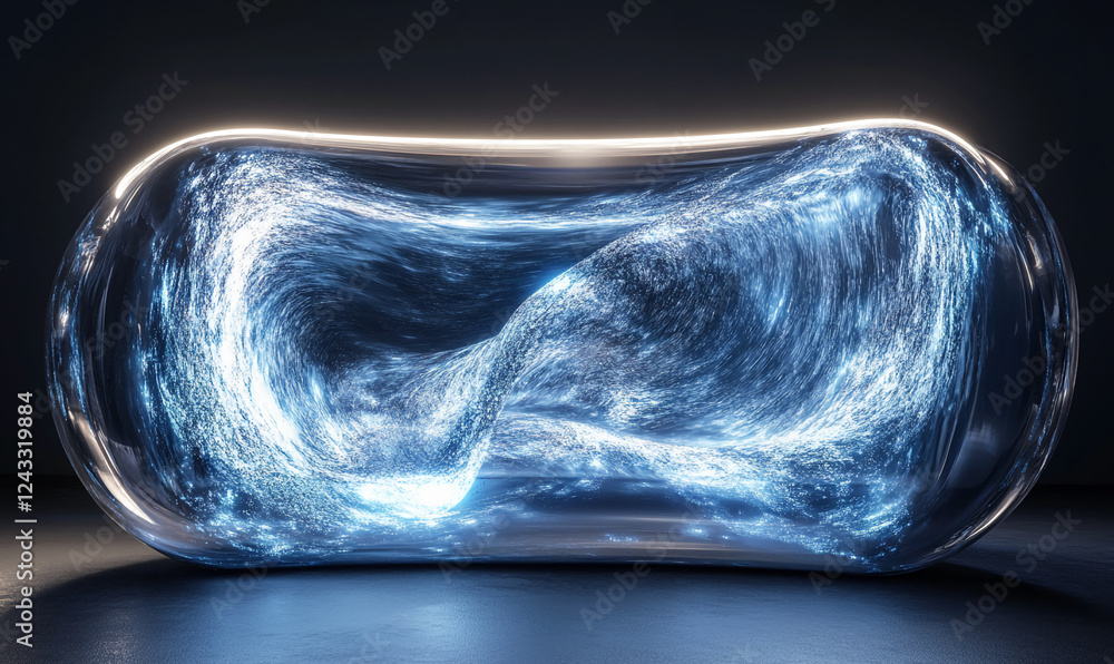 Poster a swirling blue luminous fluid inside a transparent capsule-like structure, representing movement, e