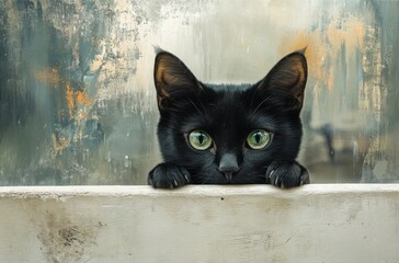 Curious black cat with striking green eyes peeking over a ledge against an artistic textured background, showcasing inquisitiveness and charm