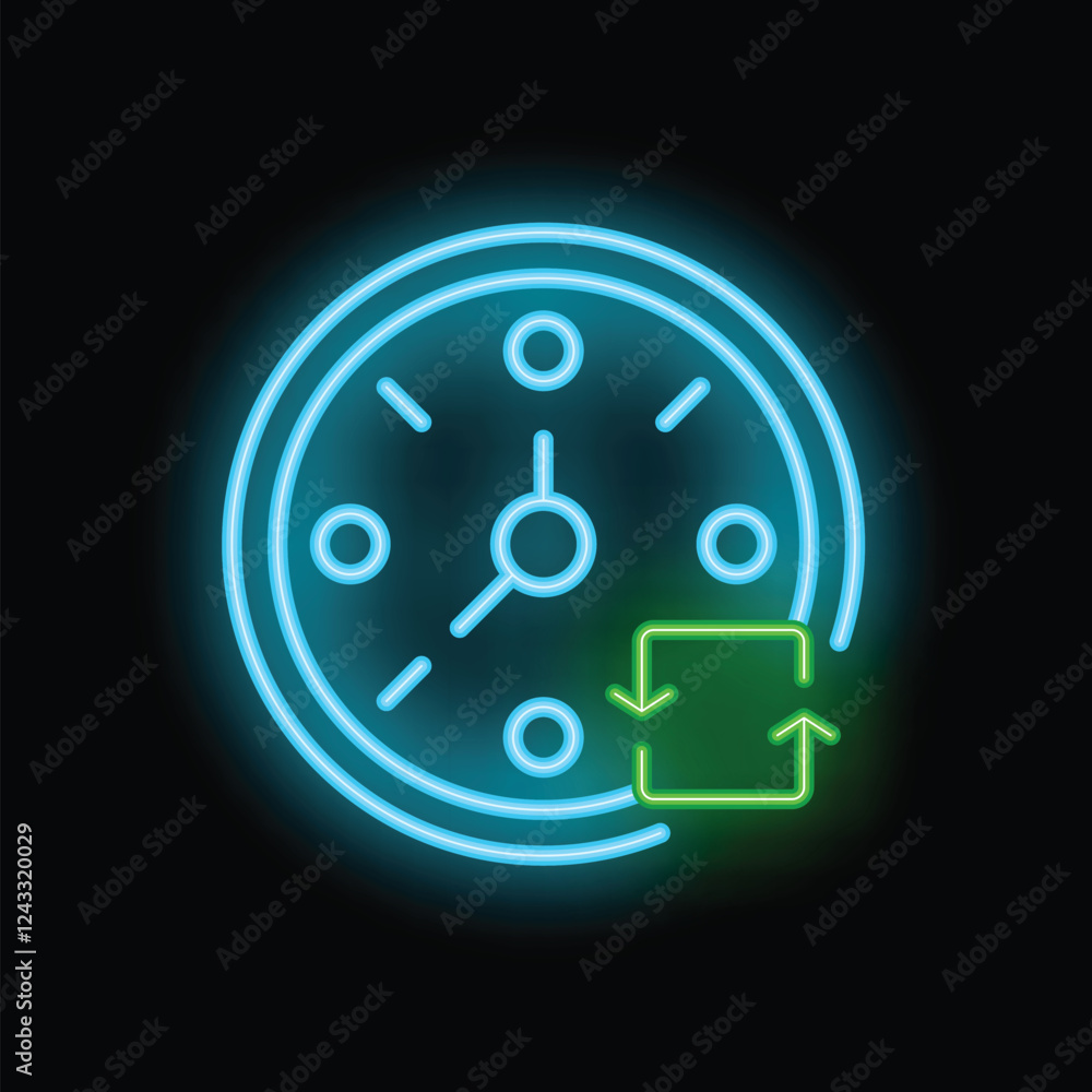 Poster neon clock showing the time passing with two green arrows forming a square shape symbolizing a two w