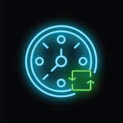 Neon clock showing the time passing with two green arrows forming a square shape symbolizing a two way synchronization