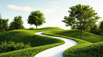 Fototapeta premium serene park landscape featuring winding pathways through lush green hills and trees, inviting relaxation and exploration in nature beauty
