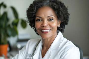 A smiling Black female doctor in a white coat, exuding professionalism and care.