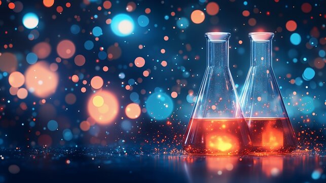 Laboratory glassware scientific, Two flasks with liquid on a glowing backdrop, concept research, experiment, chemistry, pharmaceutical, innovation