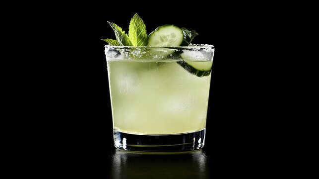 A refreshing cucumber cooler in a frosted glass, with mint and cucumber slices for garnish.