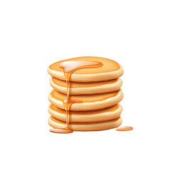Stack of pancakes drizzled with golden syrup on a white isolated background.