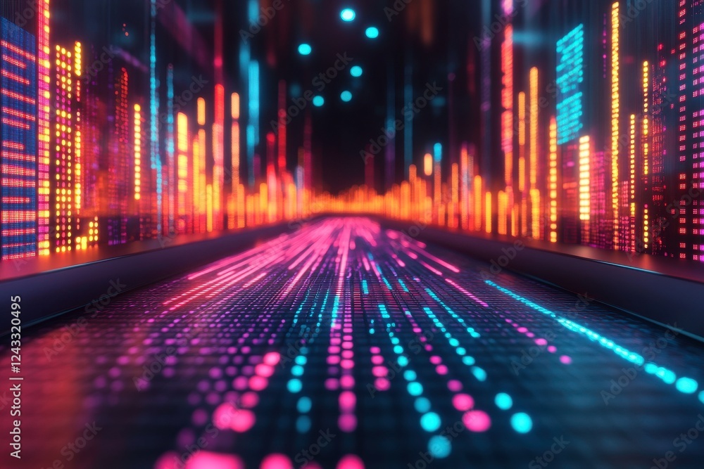 Poster a vibrant digital pathway illuminated by colorful data visualizations, conveying a sense of technolo