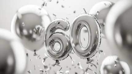 Celebration of a 60th birthday with silver balloons and confetti in a festive atmosphere
