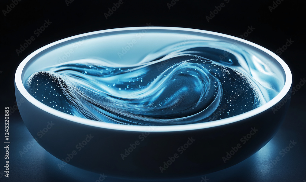 Aufkleber A glowing, dynamic wave of water inside a white circular container with illuminated edges, showcasing fluid motion and energy in a minimalist, futuristic design.