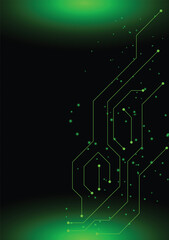 Green circuit board, network technology on a black background.