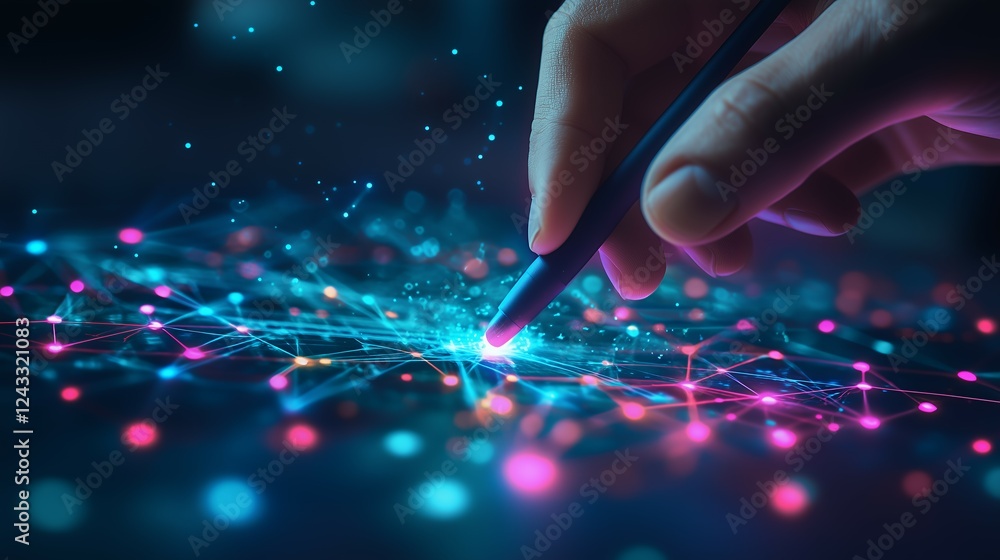 Aufkleber digital network connection, close up hand touching digital interface with pen, concept data analysis