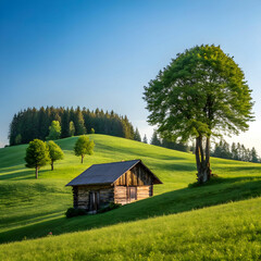 Obraz premium Small wooden cabin in a green field