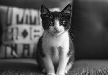Cute black and white kitten with big eyes sitting on a sofa with patterned cushion in a cozy indoor environment looking directly at the camera
