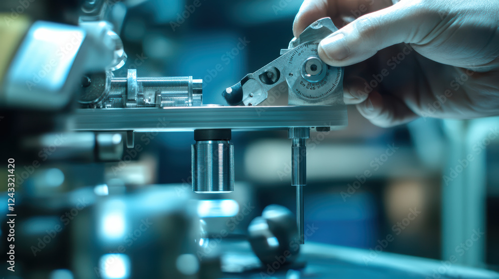 Poster technician carefully measuring metal component with precision tools in workshop. focus is on intrica