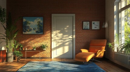 Modern living room interior with door and armchair