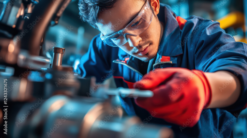 Aufkleber technician measuring metal component with caliper, focused and precise in workshop environment. scen