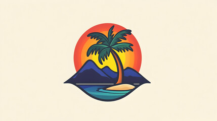 Colorful stylized tropical island sunset graphic