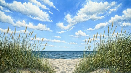 A serene coastal dune ecosystem with tall grasses waving in the breeze.