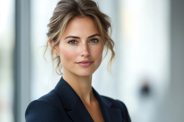 Portrait of a confident young businesswoman with light brown hair styled in an updo, wearing a dark navy blazer.