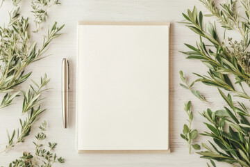 Notebook with a pen on a pastel background, surrounded by leaves and flowers