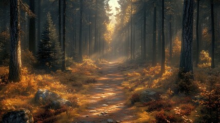 Obraz premium Sunlit autumn forest path, misty background, nature scene