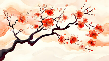 Naklejka premium Delicate cherry blossom branch in soft pastel colors, artistic floral design, suitable for wall art or print