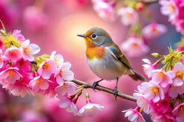 Delicate Pink Cherry Blossoms and a Tiny Bird - Spring Nature Stock Photo