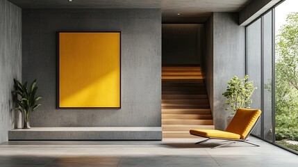 Modern living room with a transitional hallway featuring yellow artwork on a gray concrete wall, wooden staircase leading to an area with a lounge chair