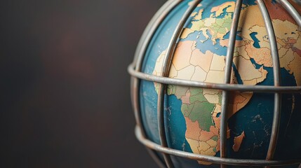 A close-up view of a vintage globe encased in a metal cage, highlighting the continents and oceans in unique colors and textures against a dark background.
