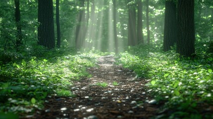 Obraz premium Sunlit forest path, green foliage, peaceful scene