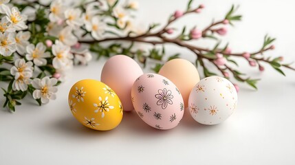 Fototapeta premium Easter day celebration with pastel tone eggs spring garden decorative scene cheerful atmosphere