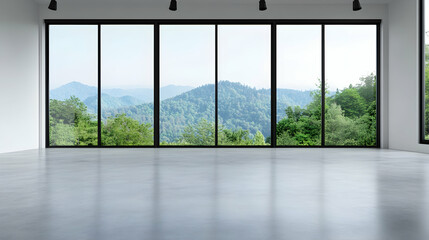 Fototapeta premium Empty modern office space with mountain view. Possible use Interior design, commercial real estate, stock photography