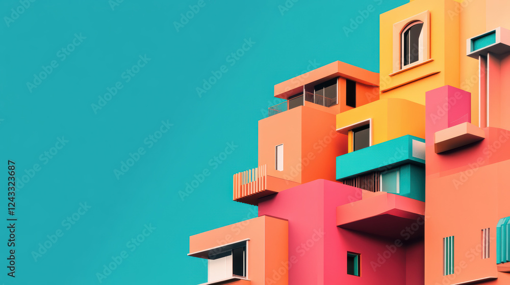 Poster vibrant abstract 3d building structures in bright colors against turquoise background create strikin