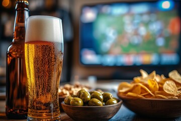 Enjoying snacks and drinks while watching sports on television in a cozy living room