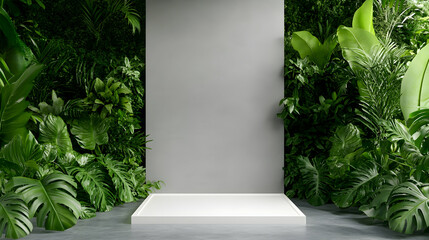 Empty white display podium surrounded by lush tropical plants