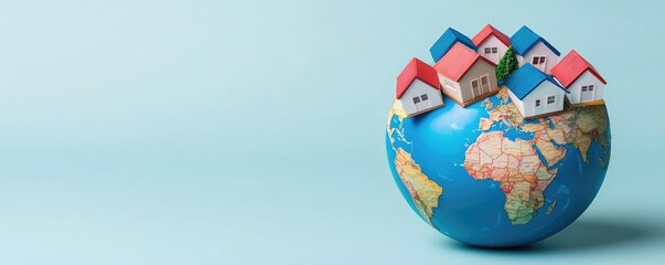 Naklejka premium A globe with miniature houses symbolizing global housing concepts and real estate, vivid colors against a soft, pastel background.