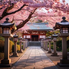 Fototapeta premium 古い寺院としだれ桜_「A traditional Japanese temple framed by the elegant branches of a weeping cherry 