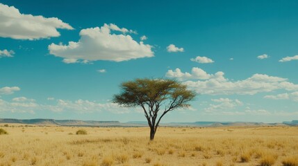 Obraz premium A single tree standing in the middle of a grassy plain, symbolizing resilience and life.