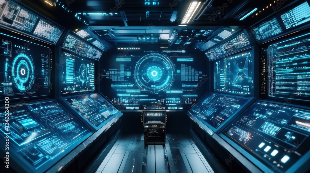 Poster a smart energy grid control room with holographic displays and no visible operators.