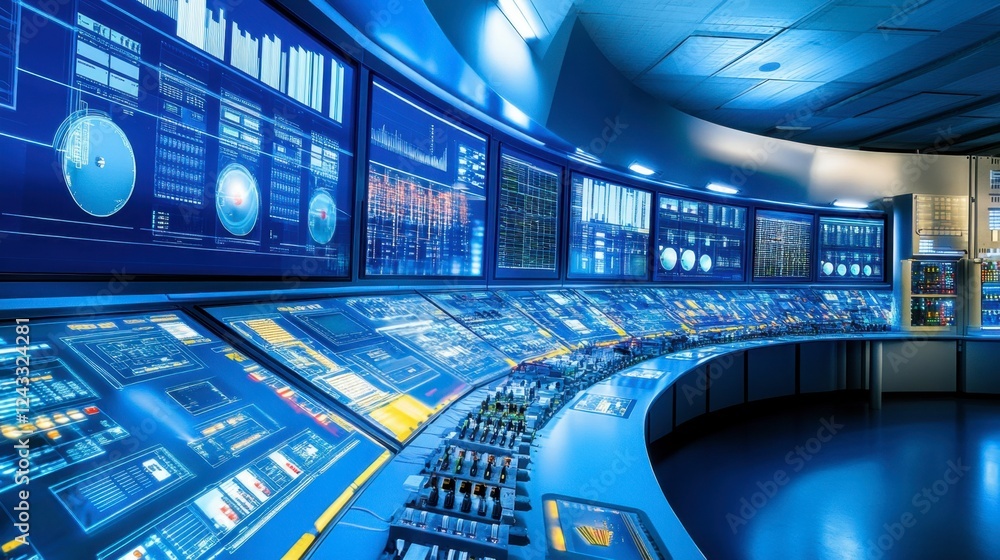 Poster a smart energy grid control room with holographic displays and no visible operators.