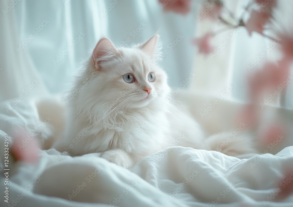 Poster Elegant White Cat Relaxing on Soft Bedding Surrounded by Delicate Pink Flowers with Soft Natural Light Filtering Through a Window