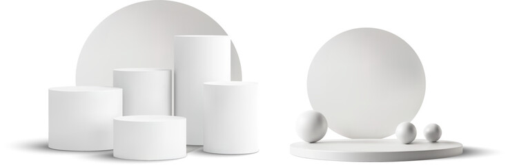 Minimal display with cylindrical pedestals and spheres on a white background. Perfect for product presentation, branding mockups, or modern interior designs. Vector 3d illustration.