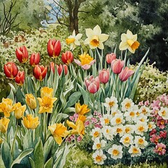 Obraz premium Watercolor depiction of a garden filled with blooming tulips and daffodils in bright spring color