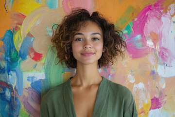 A young woman with curly hair smiles gently, standing before a vibrant, abstract painting.