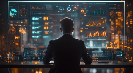 Business professional analyzes data trends in a modern office setting during nighttime hours