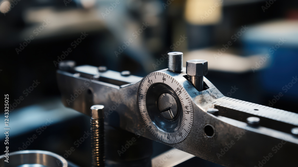 Poster close up of caliper measuring metal part, showcasing precision and detail in workshop environment. t