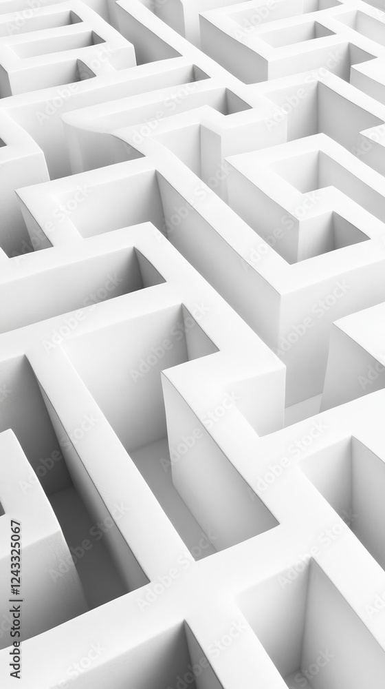 Poster Complex white labyrinth representing career choices, symbolizing the fear of better options - fobo - and the challenges of decision making in professional life, creating a sense of job insecurity