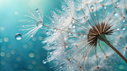 Delicate dandelion seeds covered in sparkling water droplets, captured in exquisite detail with a dreamy bokeh background