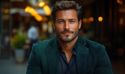 Fototapeta premium Handsome man in green velvet jacket, outdoors at night.
